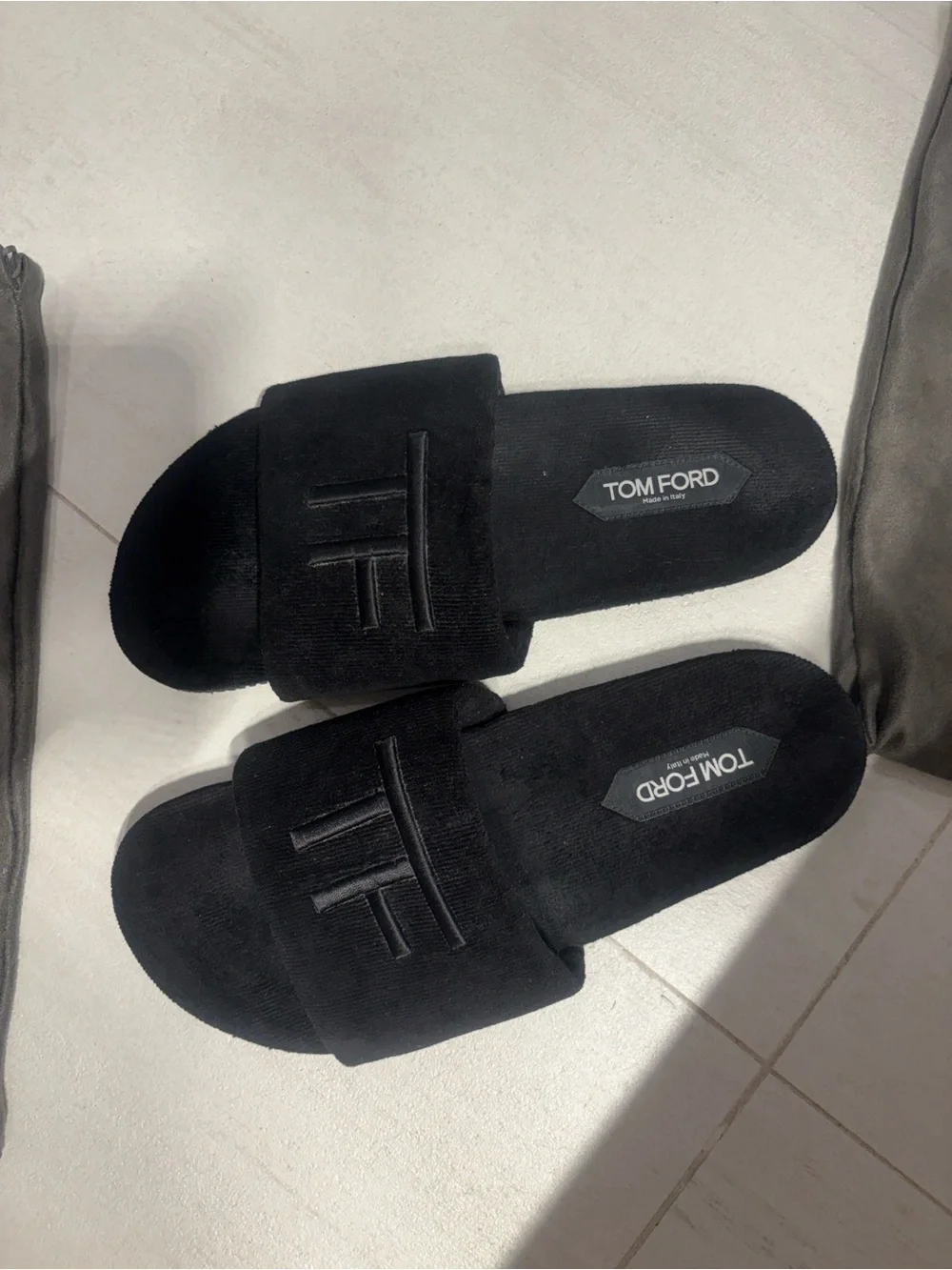 Tom Ford Black Suede TF Logo Slide Sandals